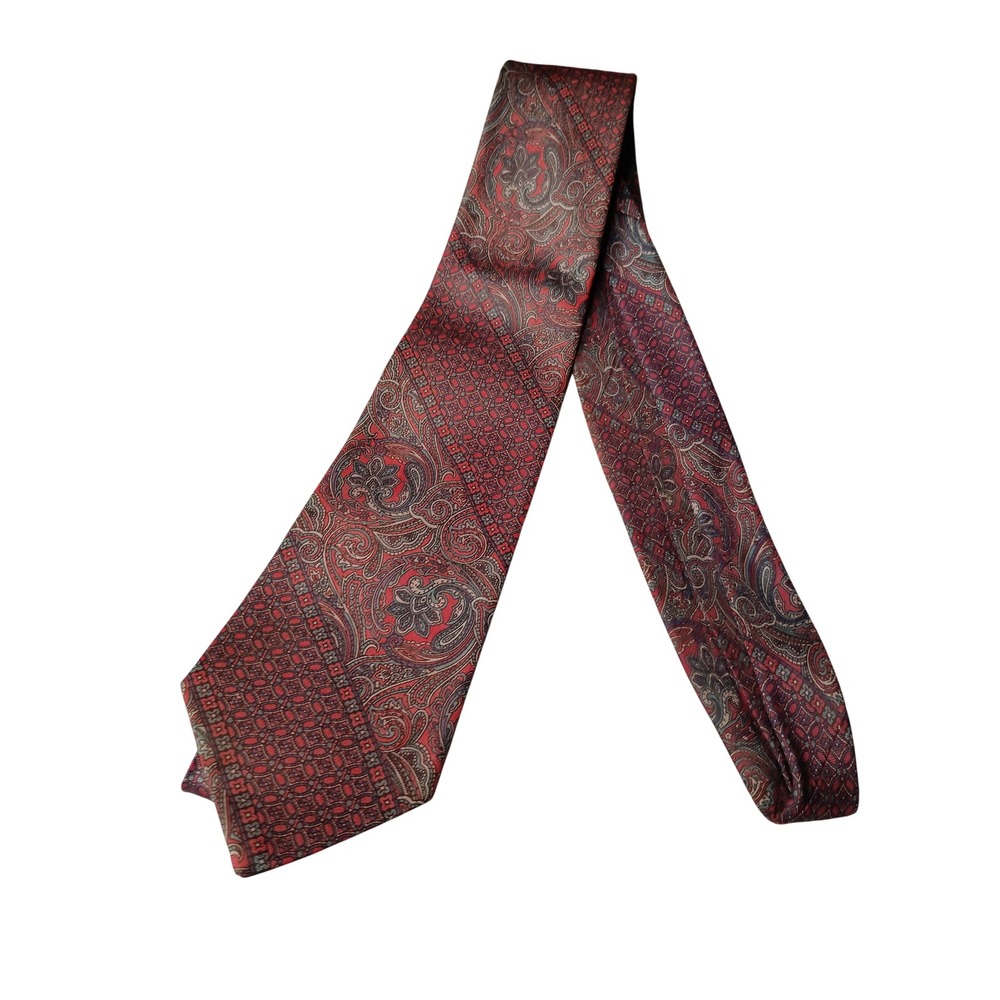 Stafford Mens Silk Necktie Burgundy Red Blue Paisley Geometric Pattern Tie